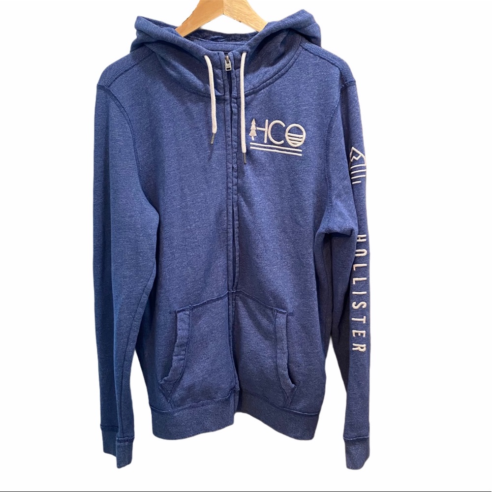 HOLLISTER Sz L Blue White Logo Zip Hoodie Sweater